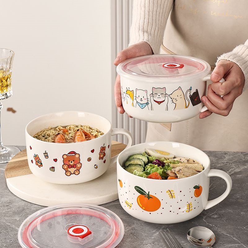 Ceramic instant noodle bowl with lid, lunch box for office workers, microwave-safe sealed soup bowl, food preservation bowl with handle