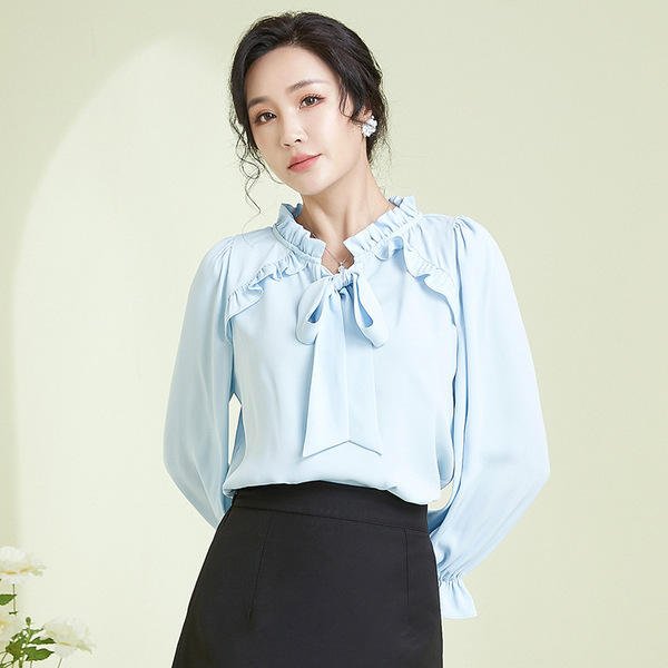 2025 Autumn New Women's Clothing Ruffle Collar Flared Sleeve Loose Top Solid Color Elegant Commuter Pullover Chiffon Blouse for Women