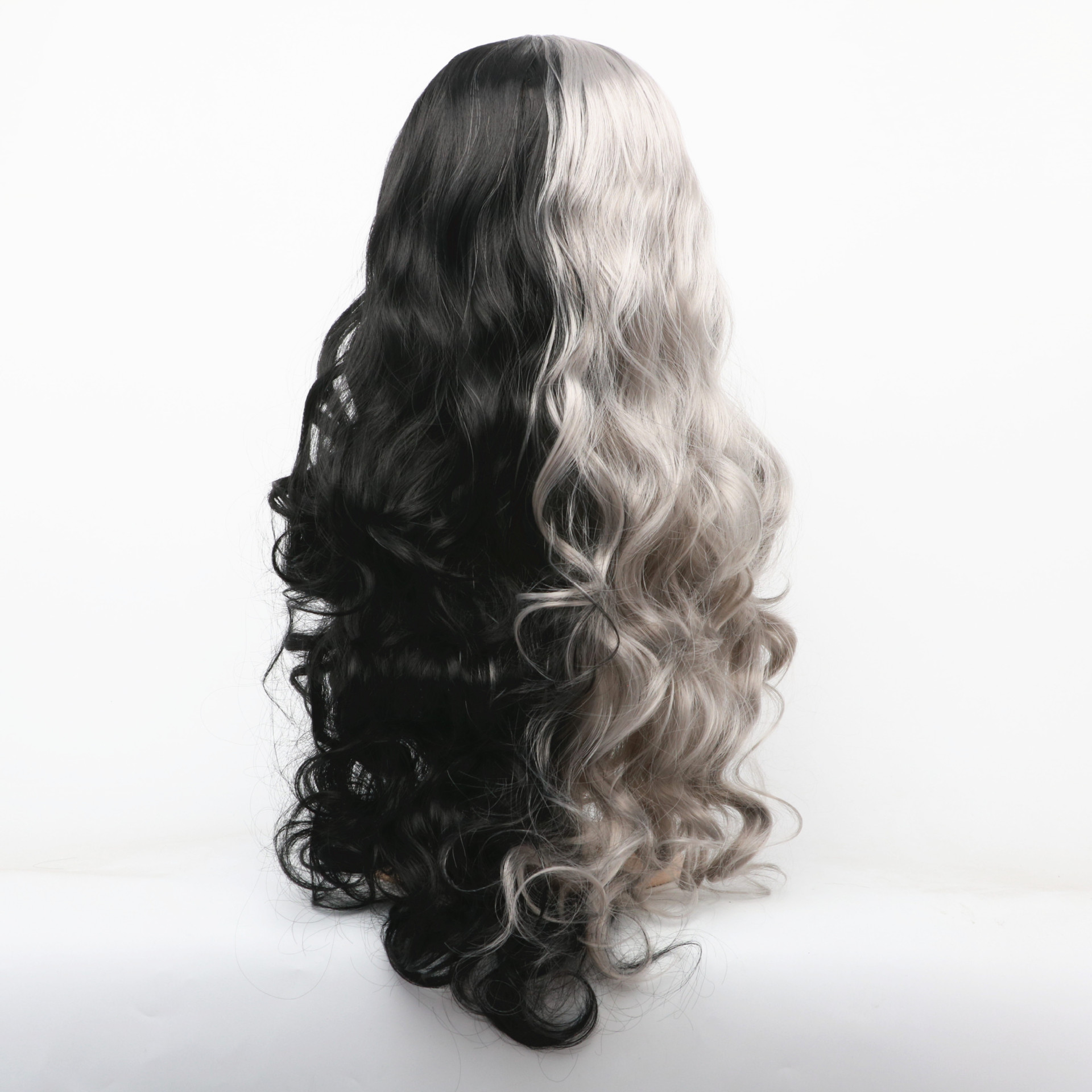 Synthetesch Perück Anime COS Perück Fraeperück Fake Schwaarz Wäiss a Gro Duebelfaarf Riicht Pony Laang Lockeg Hoer Set_voghion.com