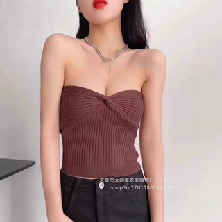 欧美风2025性感胸前打结弹力针织抹胸上衣女外穿短款背心