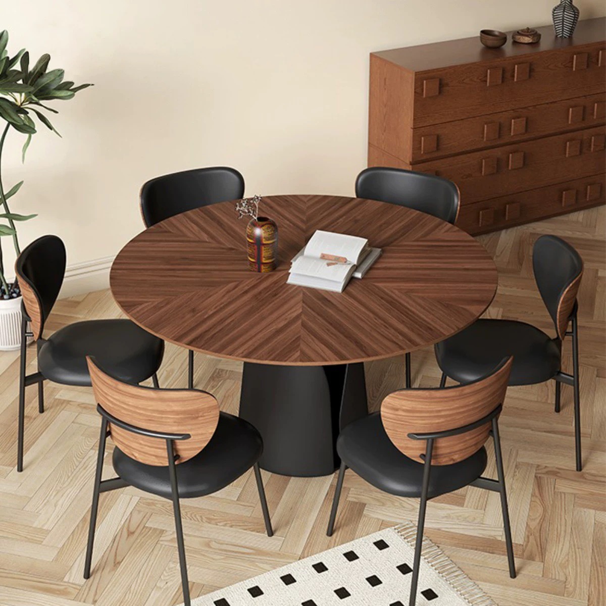 Mesa de comedor redonda de madera sólida retro, madera de nuez negra, mosaico medieval, estilo americano, mesa redonda doméstica pequeña con mesa giratoria