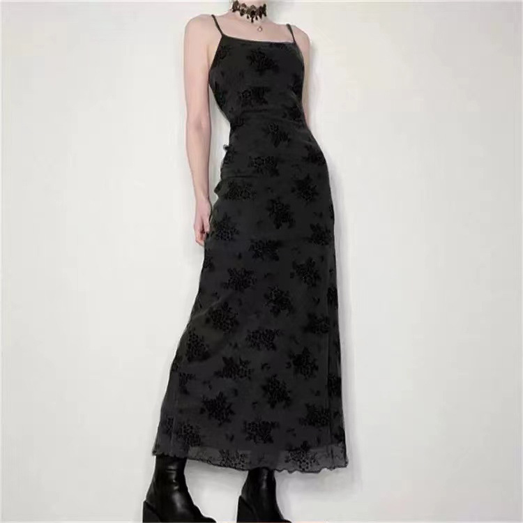 Diablo Vintage Niche Floral Pattern Sling Long Dress Women's Beach Vacation Sexy Hot Girl Slim-fit Base Dress Trendy