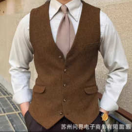 速卖通跨境电商批供2025男款人字呢单排扣马甲型男式西装马甲英伦