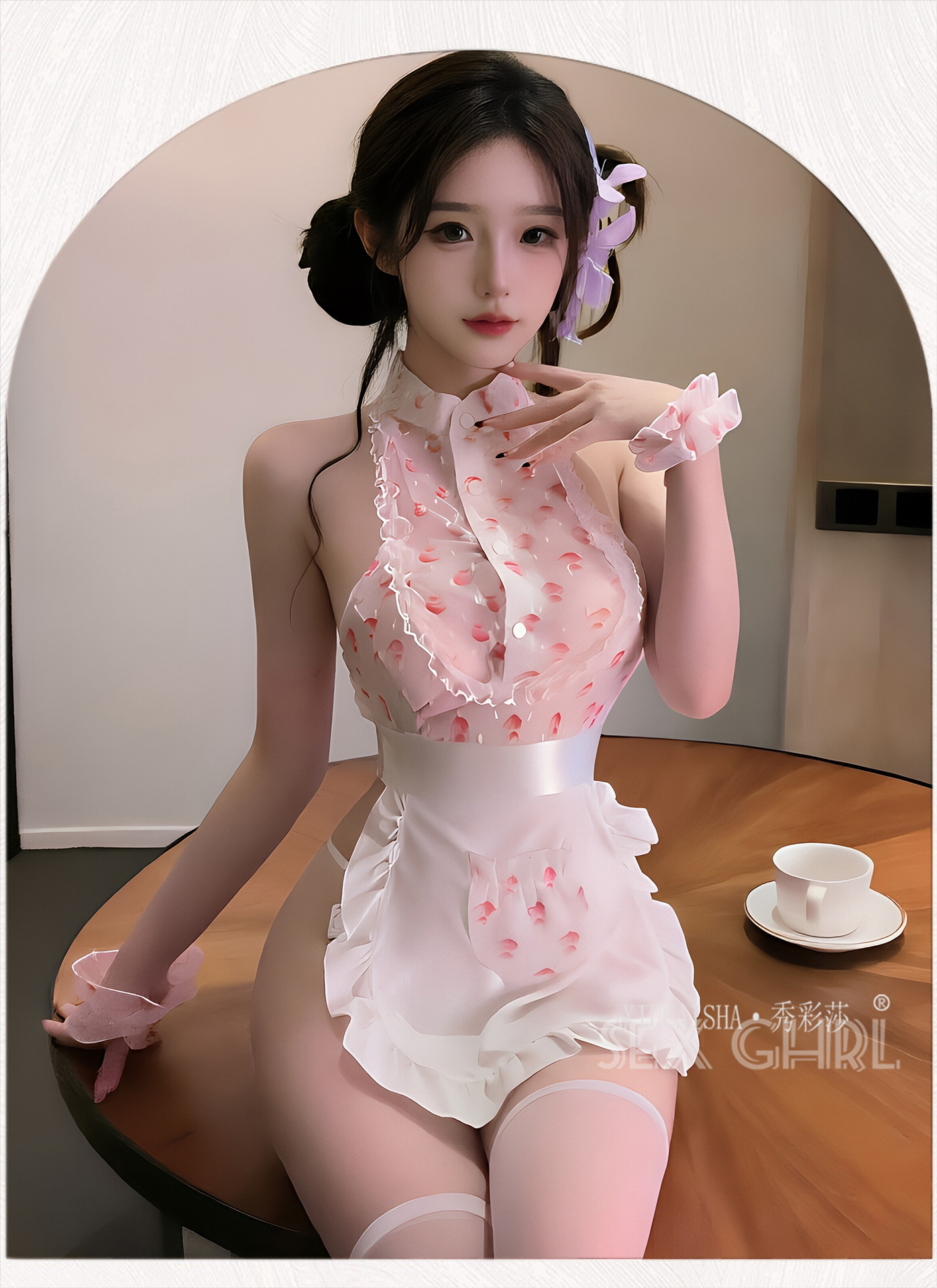 Maid Roleplay Lingerie Set with Chiffon Dress, Wrist Cuffs, Thong and Open-Crotch Stockings — detail image 8
