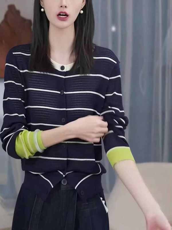 撞色条纹镂空长袖针织开衫女装早秋薄款韩系复古收腰显瘦通勤上衣|undefined