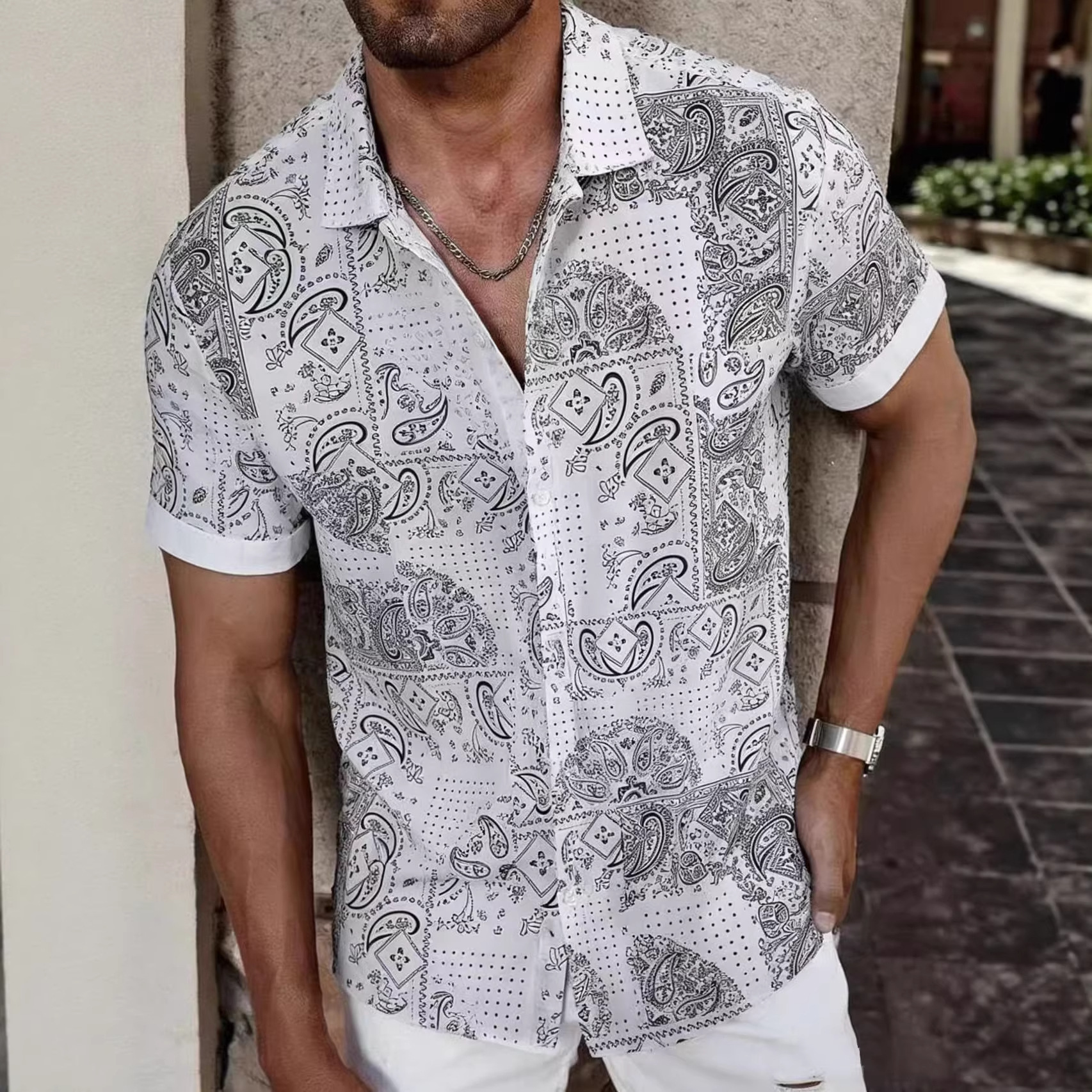 Men's Short-Sleeve Shirt, Men's White Paisley Shirt, Retro Style, Summer 2025 New Model, Cross-Border