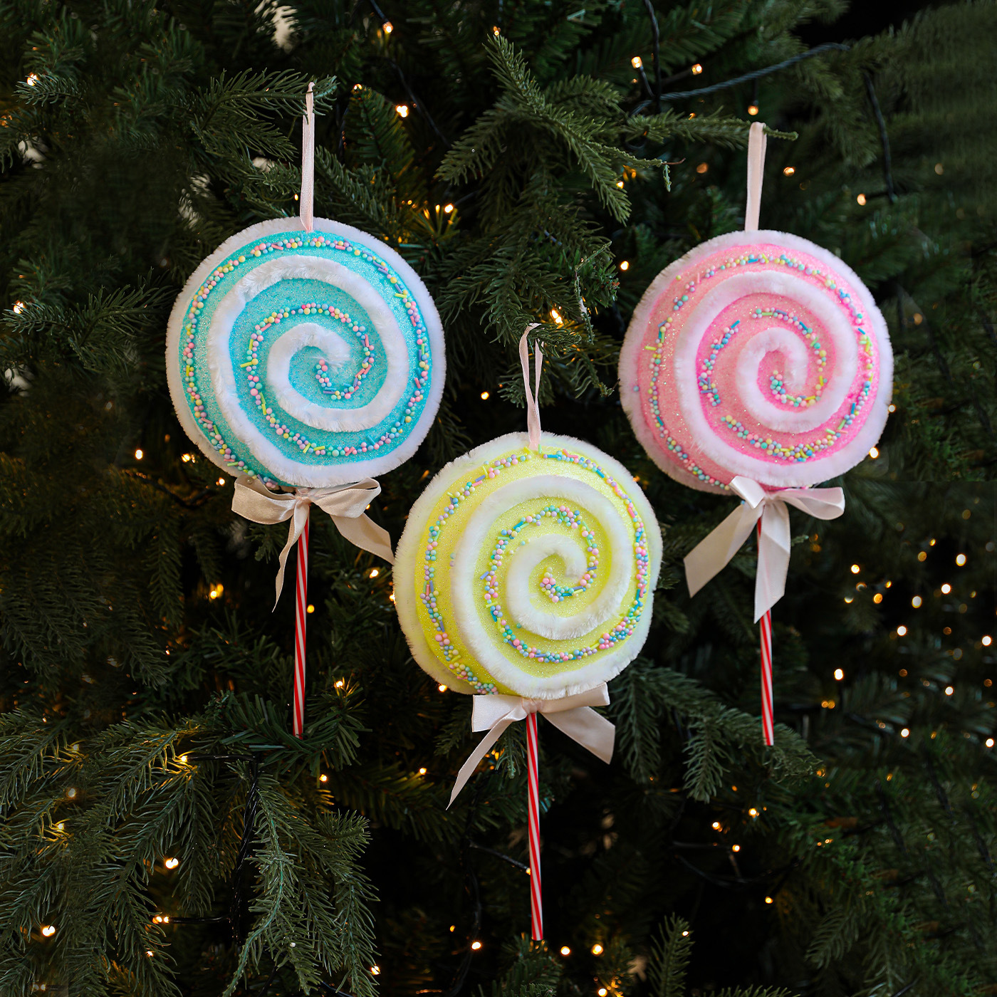 Color transfronterizo Lollipop espuma caramelo tela de veludo polvo adhesivo color árbol de Navidad decoración de ventanas colgante colgante en stock