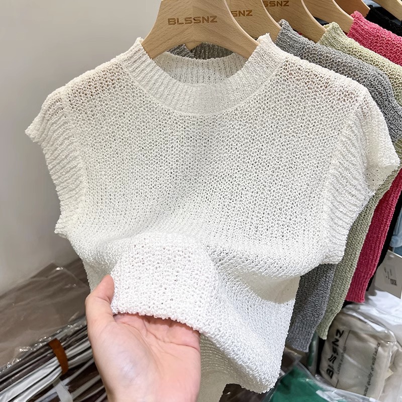 European Short-Sleeved Knitwear for Women Summer 2025 New Ice Silk Cut Out Design Sleeveless Pure Color Short Top