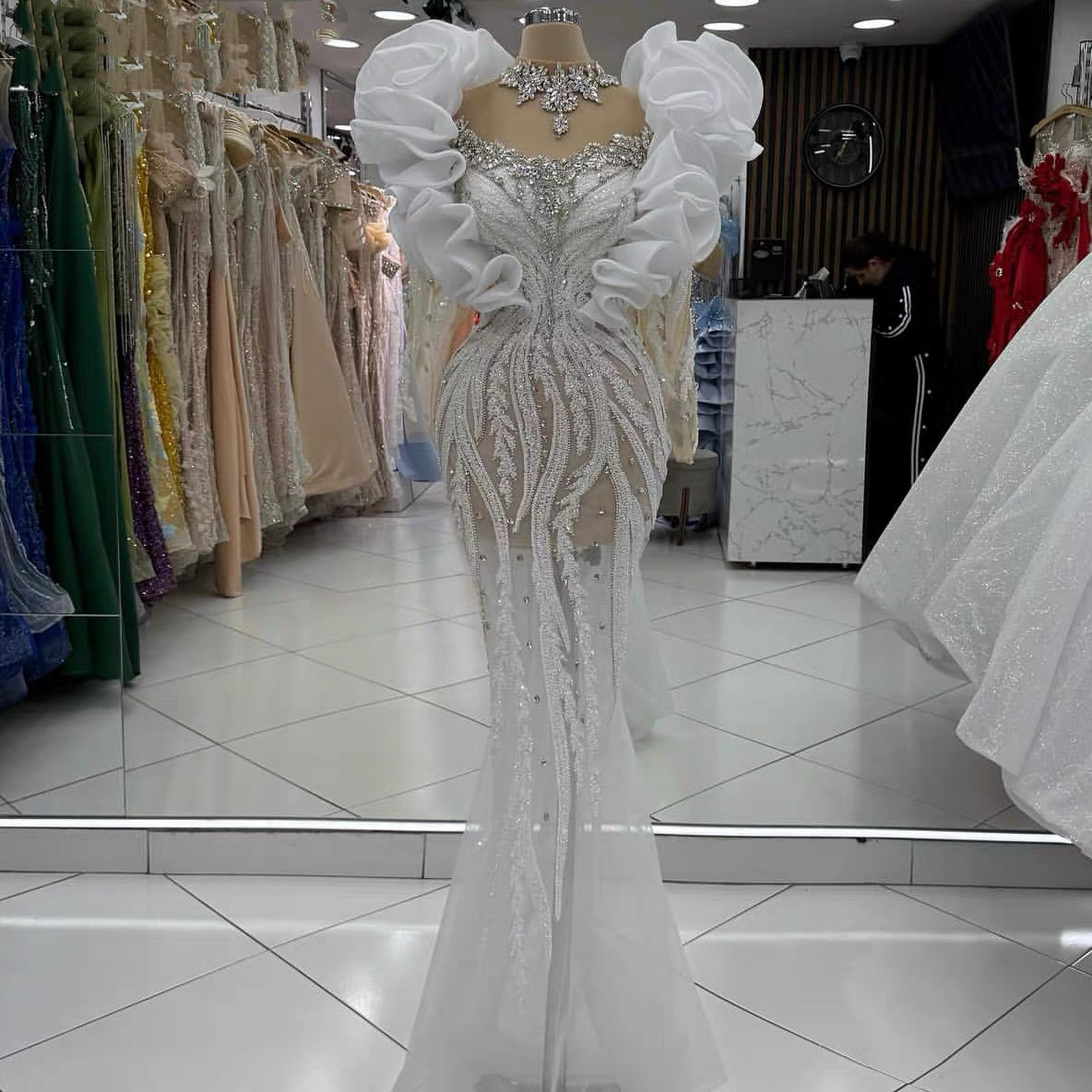 New Evening Dress Heavy Lace Slimming Fishtail Banquet Party Evening Dress Wedding Dress