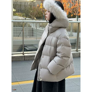 鹿西 软糯泡芙款90白鸭绒连帽短款外套女冬季款保暖面包羽绒服Y95