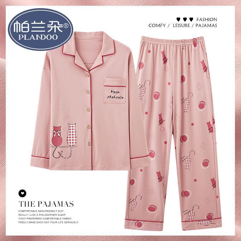 Pijama de algodón femenino primavera y otoño mangas largas dulces y sueltas grande otoño y invierno conjunto de ropa para el hogar