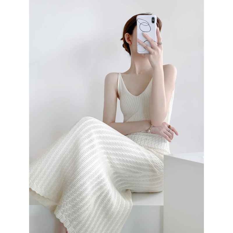 Korean Style Tea-Colored Sleeveless Ice Silk Knit Dress for Women, 2026 Summer New Model, Beach Vacation Long Dress
