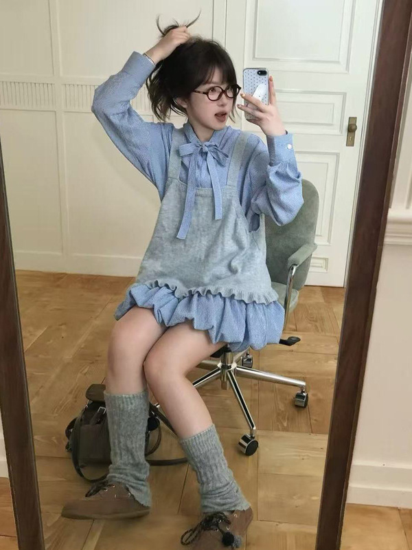 韩系蝴蝶结系带衬衫连衣裙子女2025新款巨好看早秋一整套装花苞裙|undefined