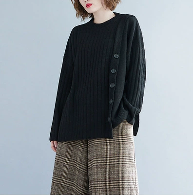 Knitted winter sweater, Korean style, round neck, plus‑size loose fit, rib knit with side buttons