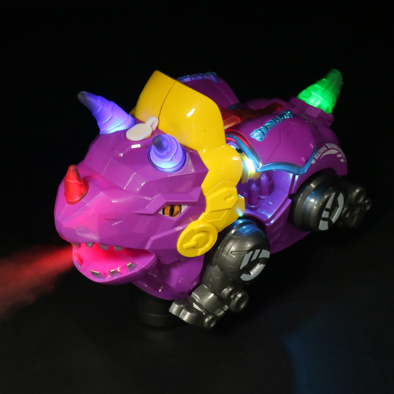 Juguetes de dinosaurios de simulación de pulverización eléctrica para niños acrobacias giratorias triceratón música iluminación juguetes para niños