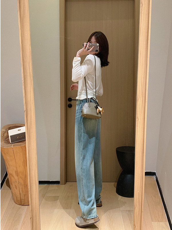 私服蓝牛！早秋复古石洗手工猫须直筒裤微锥十分牛仔裤女2025|undefined