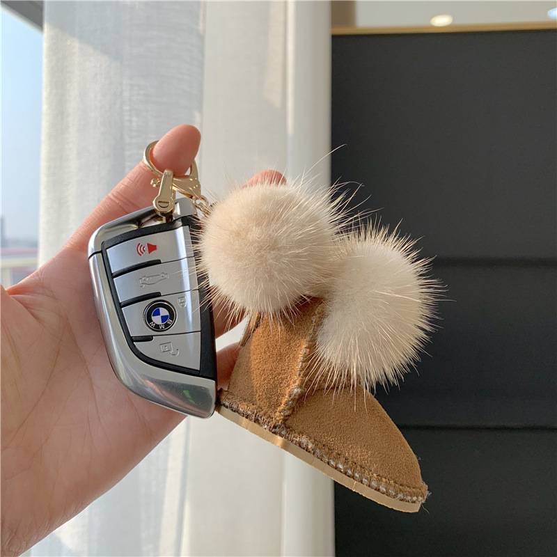 Mink Snow Boots Small Pendant Versatile Mink Fur Ball Fur Car Keychain Pendant Plush Bag Ins Style