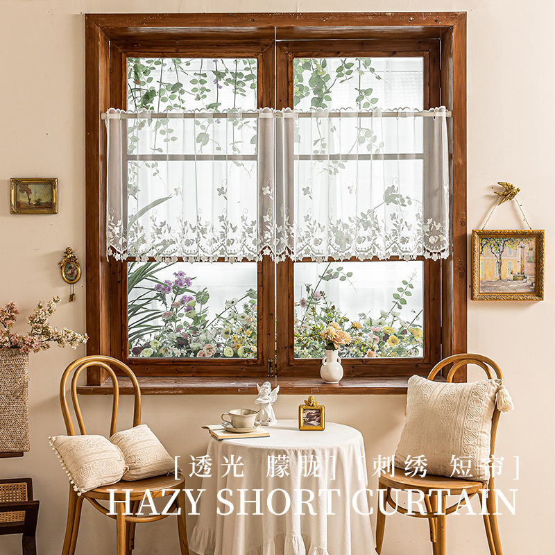 French-Style Sheer Curtain with Embroidered Floral Lace Trim for Rod-Mounted Half Curtain by Xiaobai Shu