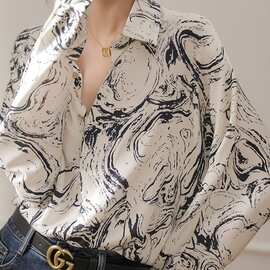 新中式水墨画衬衫女春秋季感小众长袖衬衣仿天丝上衣
