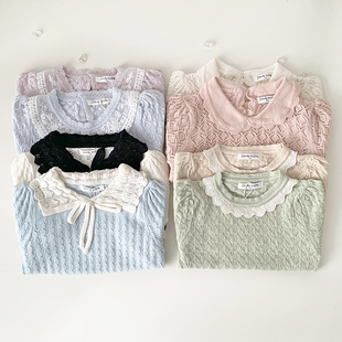 Cutemily summer girls' hollow-out knitted T-shirt contrast color breathable cotton short sleeve round neck lapel T-shirt