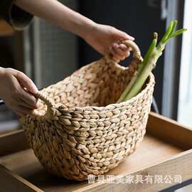 跨境水葫芦草编收纳篮手提厨房蔬菜鸡蛋收纳筐多功能脏衣篮洗衣篓