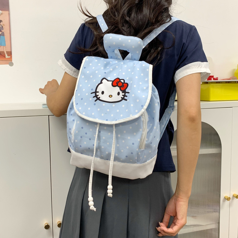 Hello Kitty Polka Dot Drawstring Backpack for Female Students, Cute Casual Backpack, Japanese Style Large Capacity School Bag