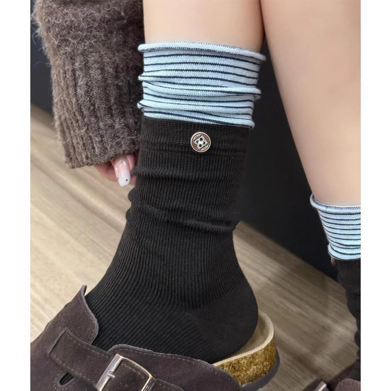 The Combination of Coffee and Blue Is so Stylish! Korean-Style Button-Striped Mid-Calf Socks for Women with a Maillard Vibe