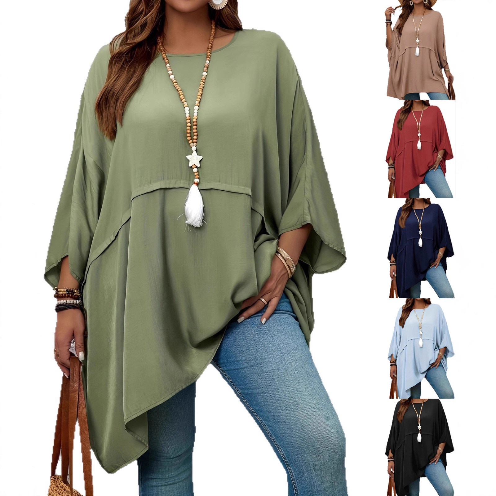 European and American Plus-Size Women's Clothing, Spring, Summer and Autumn Casual Vacation Solid Color Loose Round Neck Batwing Sleeve Tops, Comfortable Shirts