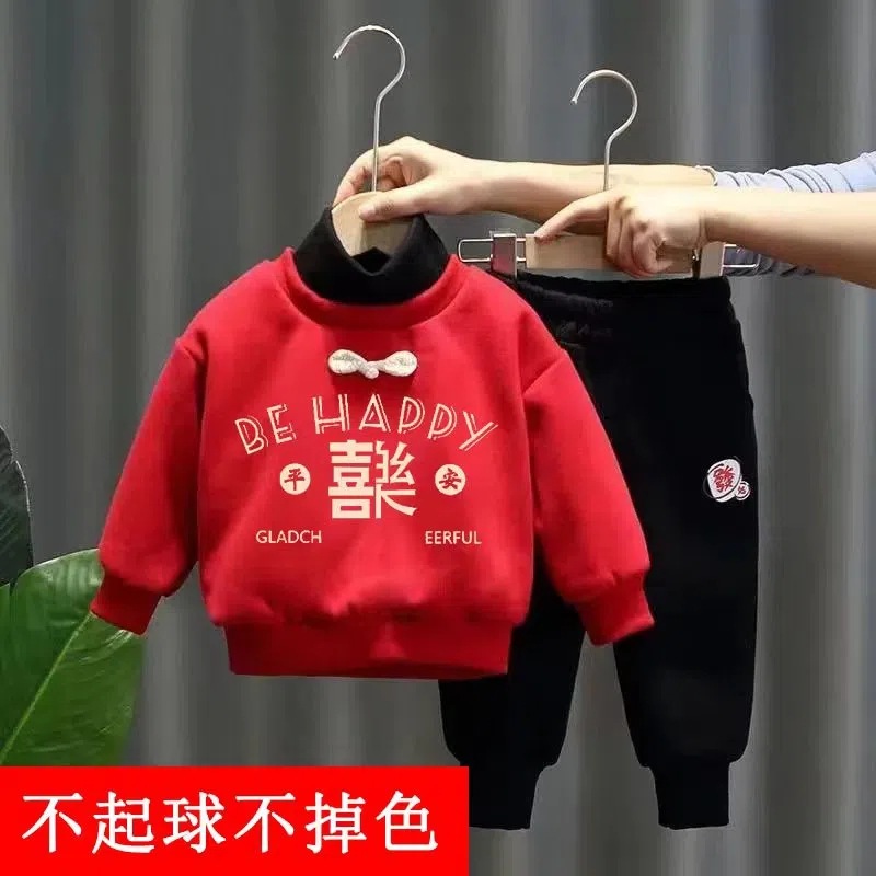 儿童加绒拜年服套装新款喜庆男女宝宝过年洋气衣服中小童两件套潮