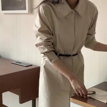 尺寸已更新 春秋新款简约翻领宽松型休闲系带风衣外套 配腰带黑色