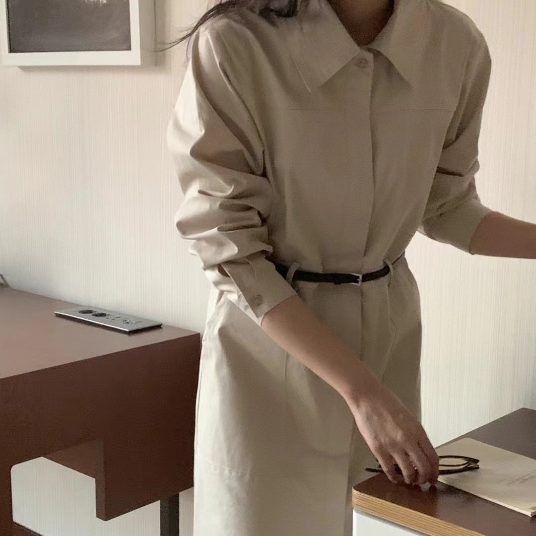 尺寸已更新 春秋新款简约翻领宽松型休闲系带风衣外套 配腰带黑色