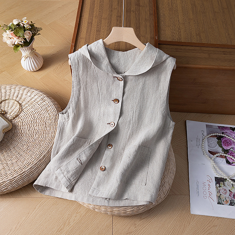 2025 Early Spring New Hemp Pure Color Hooded Vest Loose Casual Sleeveless Vest Jacket Light and Versatile