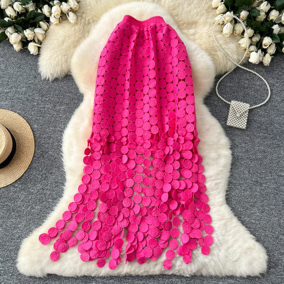 Hollow Dot Tassel Skirt Women's Autumn 2024 New French Style High Waist Slimming Mid-length A- line Straight Skirt