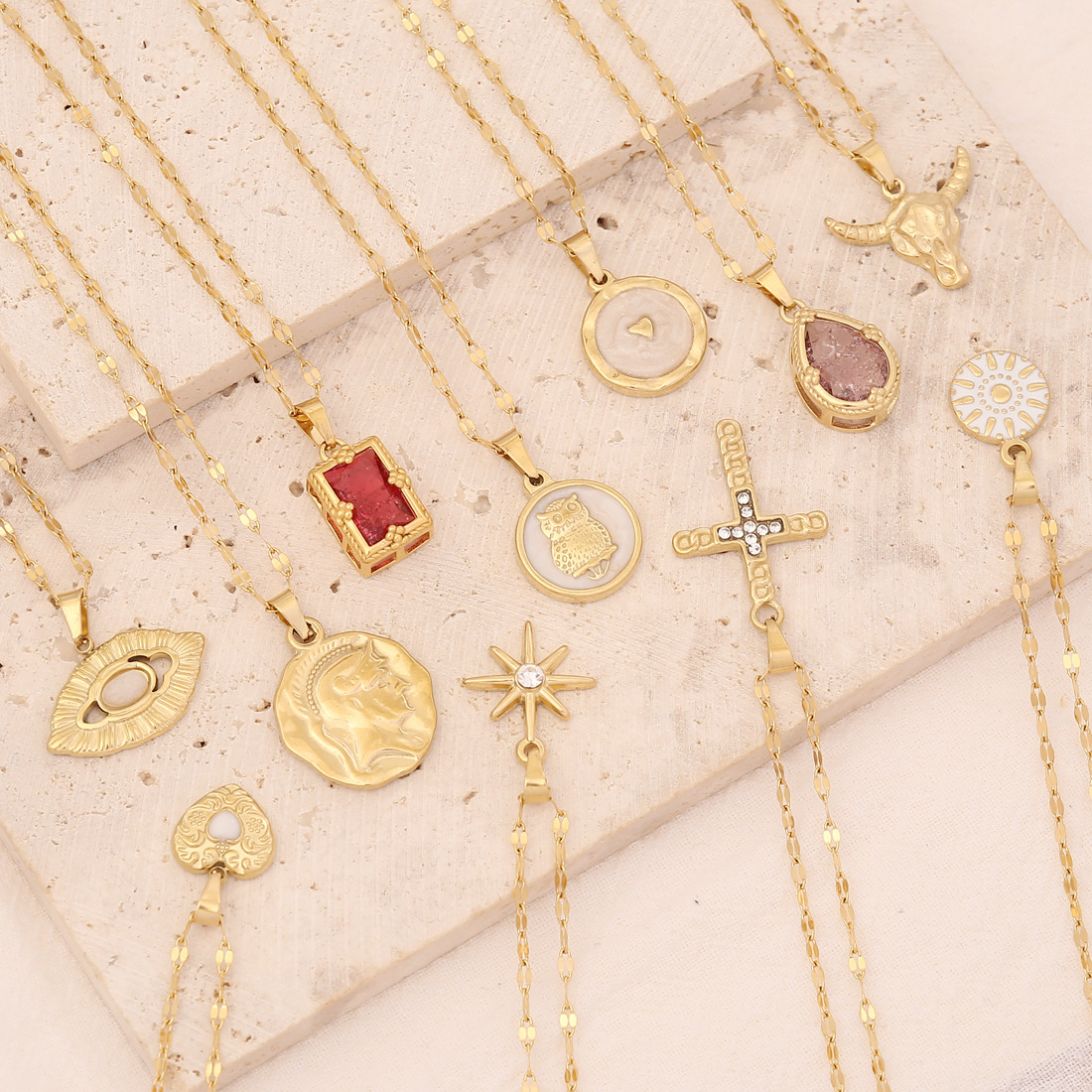 Fashion Cross Water Droplets Heart Shape Stainless Steel Inlay Artificial Gemstones Pendant Necklace