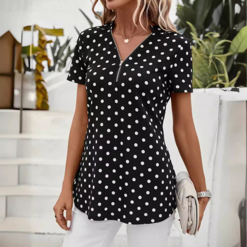 Women's 2025 European and American Printed Polka Dot V-Neck Zipper Irregular Hooded Top