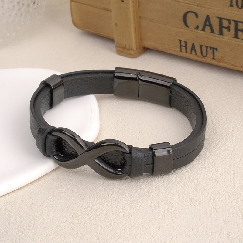European and American Fashion Punk Braided Leather Stainless Steel Figure-Eight Charm Men's Bracelet Personalized Leather Cord Bracelet Jewelry European and American Fashion Punk Braided Leather Stainless Steel Figure-Eight Charm Men's Bracelet Personalized Leather Cord Bracelet Jewelry