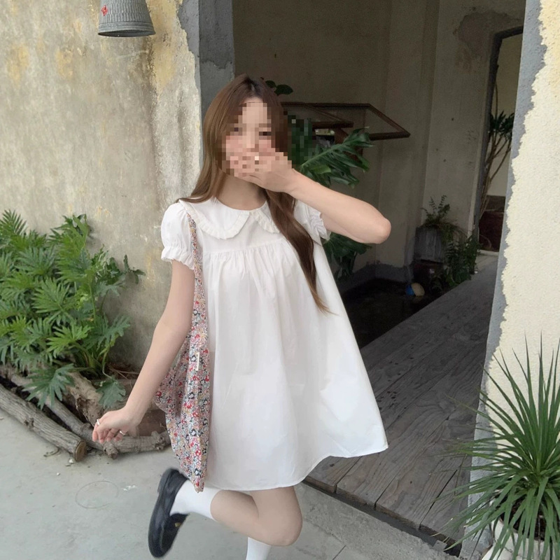 First Love Style Doll Collar White Dress for Women, New Summer Loose Fit, Youthful and Girlish with Puff Sleeves