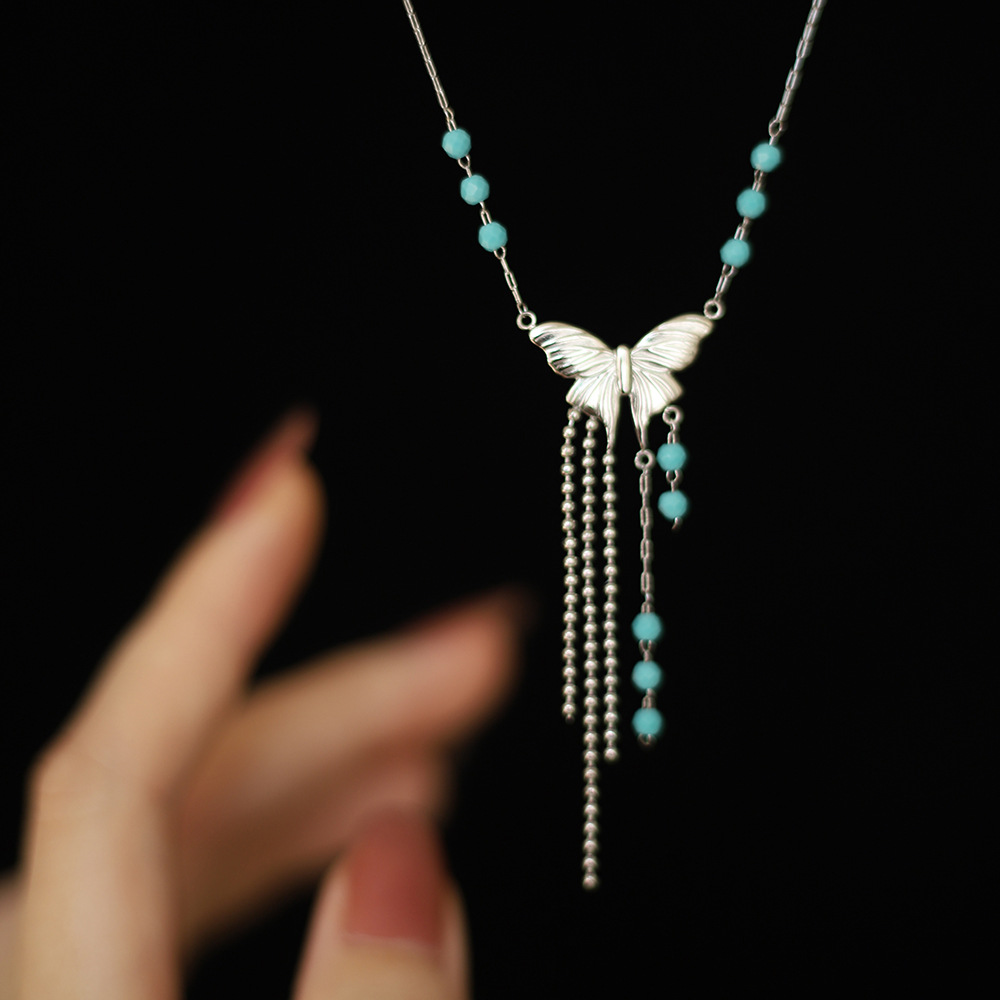 Blue Bead Butterfly Fringe Stainless Steel Necklace