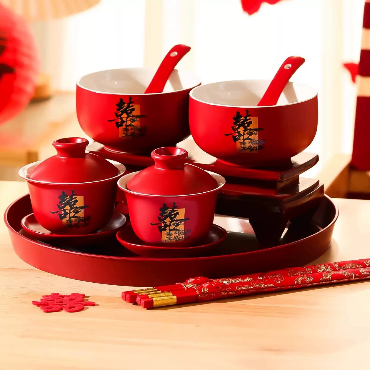 结婚敬茶杯一对喜碗筷套装婚礼陪嫁改口杯子红色茶具婚庆用品大全