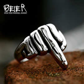 beier不锈钢铸造复古男士戒指批发 跨境热卖钛钢竖中指朋克风戒子