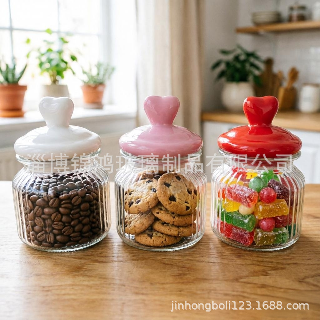 厂家供应跨境热销玻璃瓶心形爱心陶瓷盖密封玻璃罐