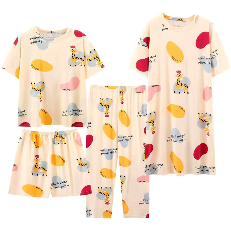 Low Price Cheap Explosions Four-piece Short-sleeved Pants Pajamas Women's Imitation Cotton Nightdress Cartoon Cute Outer Wear Home Clothes