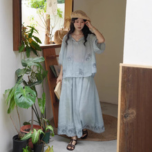 套装两件套气质苎麻女刺绣小鱼海星宽松上衣大摆半身裙C0641