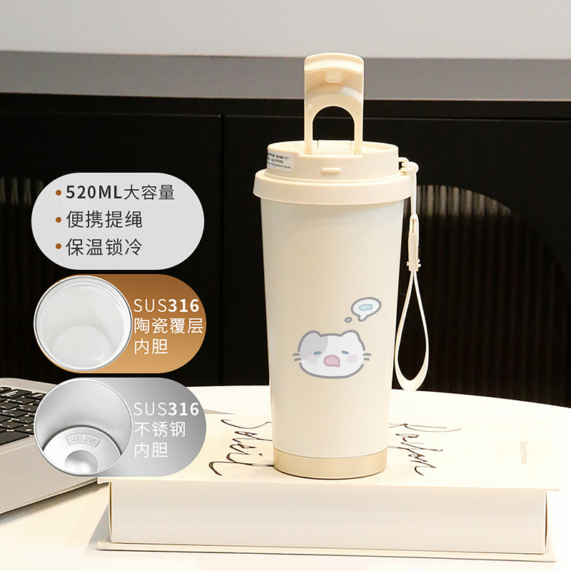 新款童趣咖啡杯316不锈钢保温杯卡通带吸管杯子双饮高颜值喝水杯|undefined