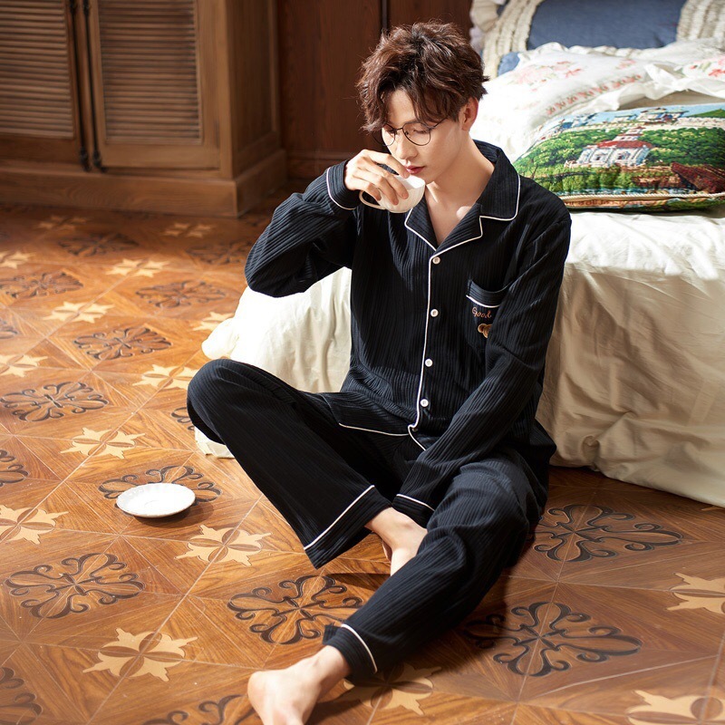 Los pijamas de primavera y otoño de los hombres se pueden usar fuera 100% algodón cardigan casual conjunto de dos piezas juventud suelta otoño e invierno ropa para el hogar