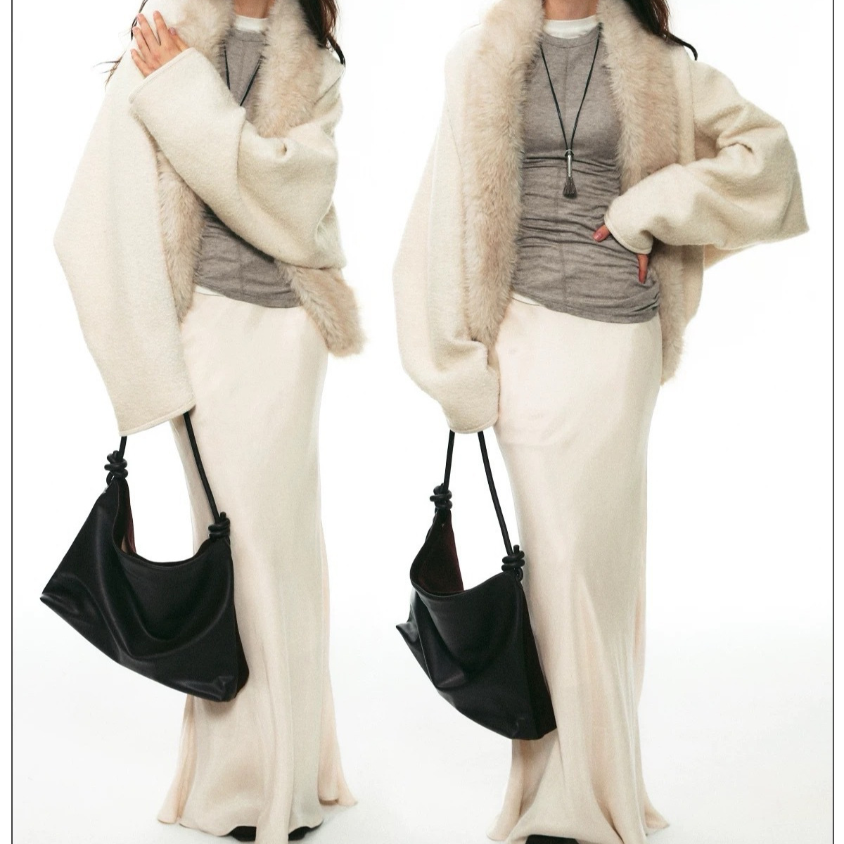 25Aw French Winter Accessible Luxury Elegant Cocoon Wool Fur Collar Cardigan Jacket Top for Women