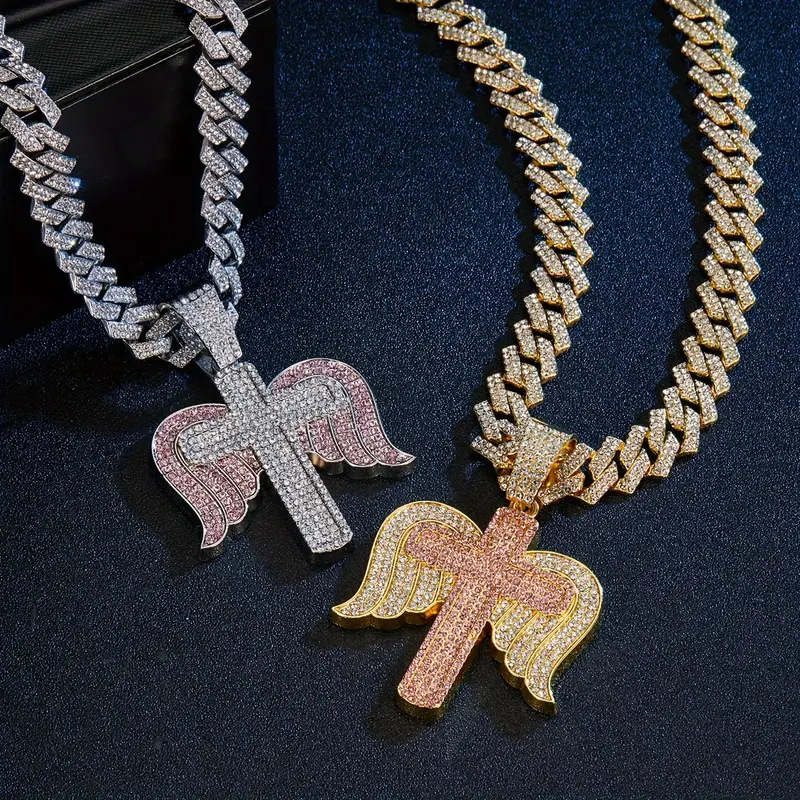 Alloy Chain Material New Rhinestone Personality Diamond Stud Angel Wings Cross Pendant Hip Hop Creative Necklace