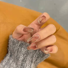 Minimalist Pure Desire Style Nail Stickers with Ice-Transparent Gradient and Gold Edging, Long Length, Detachable Wearable Nail Tabs, Wholesale Fake Nail Stickers