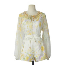 小众名媛夏季定位印花立体花朵雪纺衬衣+系带阔腿短裤套装