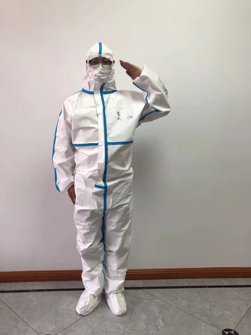 新标无纺布带帽连体防护服 印字防护服 带胶条防护服